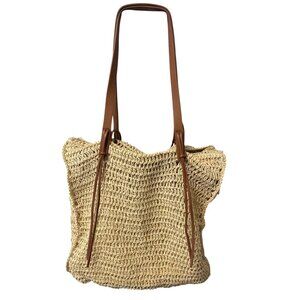 Handwoven Straw Tote Bag With Faux Leather Straps & Inner Lining For Women